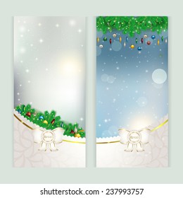 New year set of postcards. Festive vector illustration of Christmas toys, Christmas card, card, menu, banner.