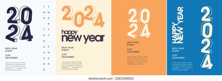 Diseño de afiches para el año nuevo. Feliz año nuevo 2024. Diseño vectorial premium para carteles, afiches y publicaciones en medios sociales.