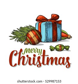 New Year set for poster or greeting card. Candy, fir branch, box and toy ball. Isolated on white background. Vector vintage color engraving illustration. Merry Christmas lettering