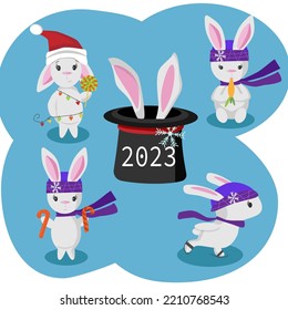 new year set of rabbits with the inscription 2023. Festive vector isolated illustrations of cute rabbits