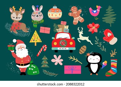 New year set with santa claus, deer, christmas decorations. Vector illustration vintage style. Doodle for children