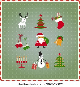 New Year set: Santa Claus, reindeer, stockings, gifts, candles, Christmas tree, candy