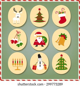 New Year set: Santa Claus, reindeer, stockings, gifts, candles, Christmas tree, snowman, candy