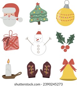 New year set of santa, gift, candle and christmas tree