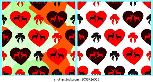 New year set of seamless vector patterns. Christmas festive deer on a background of big hearts, red bows on a white isolated background. Christmas bright background. 