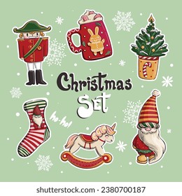 New year set stickers gnome, Christmas tree, Xmas socks, tin soldier, cup with sweets and gingerbread bunny, rocking horse, snowflakes. Christmas set of illustration