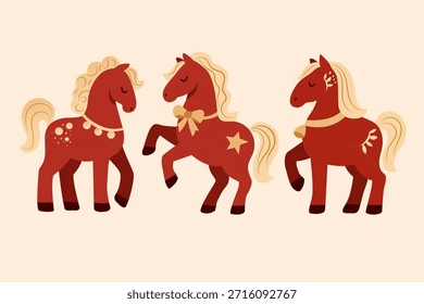 conjunto de ano novo de três cavalos vermelhos em estilo cartoon. coleção vetorial de três cavalos vermelhos. vetor plano retro xmas template com cavalos para cartazes, cartões, fundos. cartões de natal paleta limitada