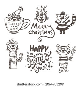 New Year set with tigers. Chinese calendar symbol colllection. Vector holiday poster. Funny animals group.