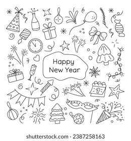 New Year set. Vector illustration in doodle style. Isolated on white background.