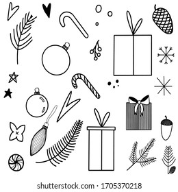 New year set of vector illustrations. Gifts, cones, Christmas sweets.