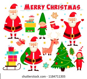 New Year set in vector. Santa Claus, Christmas tree, deer, gifts and other items. Merry Christmas vector illustration Greeting card