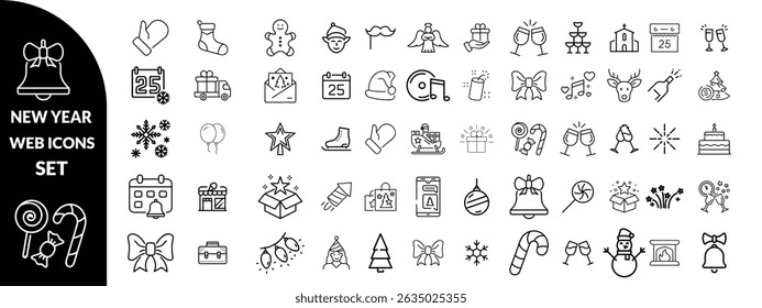 Novo conjunto de ano de ícones da Web em estilo de linha. Feliz Natal e feliz Ano Novo coleção de ícone linear. Contendo inverno, Natal, celebração, festa, aniversário, evento, Papai Noel, árvore, neve