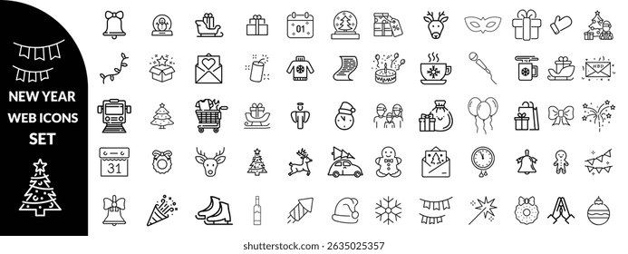 New year set of web icons in line style. Merry Christmas and Happy New Year linear icon collection. Containing winter, xmas, celebration, party, birthday, event, santa, tree, snow