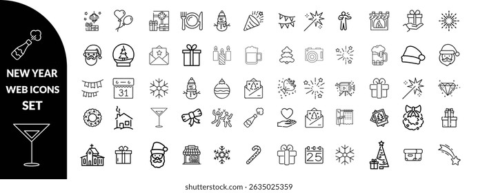 New year set of web icons in line style. Merry Christmas and Happy New Year linear icon collection. Containing winter, xmas, celebration, party, birthday, event, santa, tree, snow