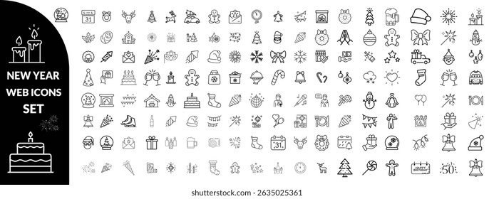 New year set of web icons in line style. Merry Christmas and Happy New Year linear icon collection. Containing winter, xmas, celebration, party, birthday, event, santa, tree, snow