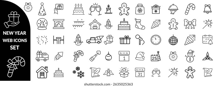 New year set of web icons in line style. Merry Christmas and Happy New Year linear icon collection. Containing winter, xmas, celebration, party, birthday, event, santa, tree, snow