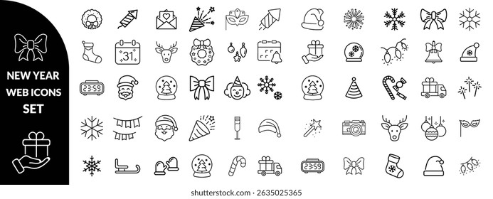 New year set of web icons in line style. Merry Christmas and Happy New Year linear icon collection. Containing winter, xmas, celebration, party, birthday, event, santa, tree, snow