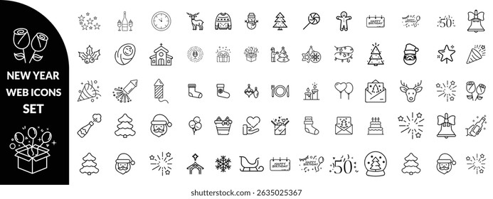 New year set of web icons in line style. Merry Christmas and Happy New Year linear icon collection. Containing winter, xmas, celebration, party, birthday, event, santa, tree, snow
