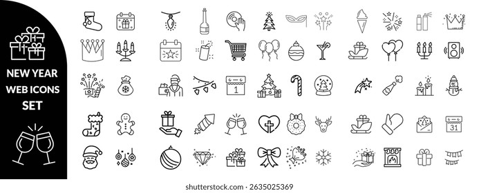 New year set of web icons in line style. Merry Christmas and Happy New Year linear icon collection. Containing winter, xmas, celebration, party, birthday, event, santa, tree, snow