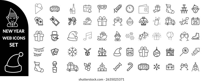 New year set of web icons in line style. Merry Christmas and Happy New Year linear icon collection. Containing winter, xmas, celebration, party, birthday, event, santa, tree, snow