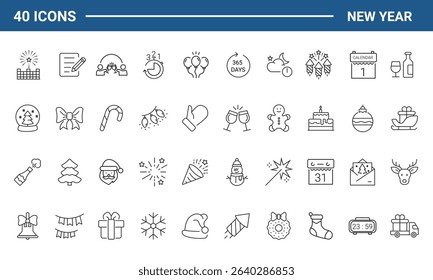 New year set of web icons in line style. Merry Christmas and Happy New Year linear icon collection. Containing winter, xmas, celebration, party, birthday, event, santa, tree, snow. Editable stroke