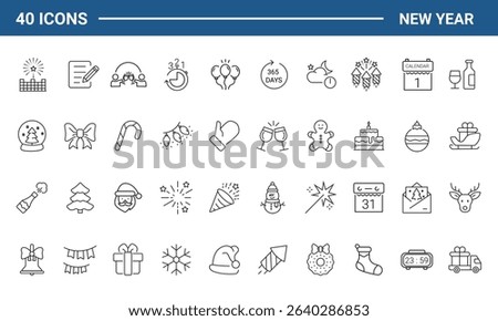 New year set of web icons in line style. Merry Christmas and Happy New Year linear icon collection. Containing winter, xmas, celebration, party, birthday, event, santa, tree, snow. Editable stroke