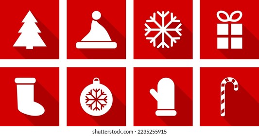 New Year set, white icons on red background, vector. Christmas tree, hat, mitten, sock, snowflake, gift, Christmas ball, lollipop.
