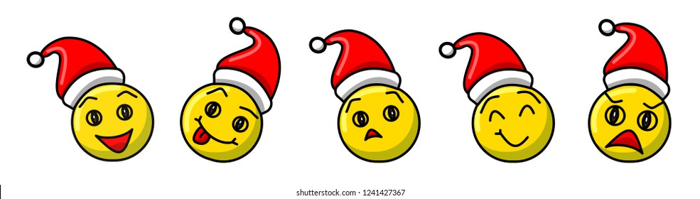 New Year set of yellow emoticons in Christmas hats on a white background: sad cheerful frightened happy