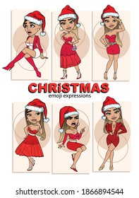 new year sexy and beautiful vector lady. Santa girls isolated on white background. Lettering a merry Christmas in old vintage style. Women in red christmas dress celebrating new year . holiday