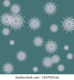 New Year Sharp Print Emerald Mandala Illustration. Pastel Green Stars Chaotic Luxury Sky Background. Night Light Pink Winter Turquoise Christmas Ornament. White Snowflakes Dark Cold Composition.