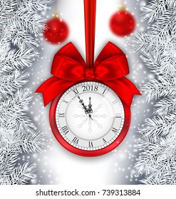 New Year Shimmering Background with Clock, Silver Branches - Illustration Vector