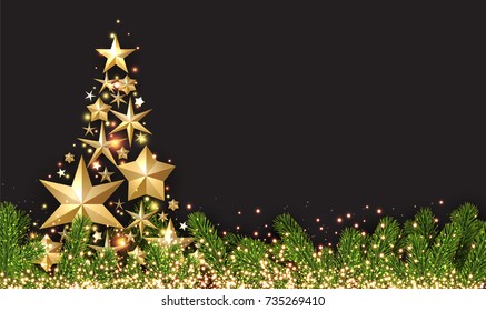 New Year shining background with golden abstract Christmas tree. Vector illustration.