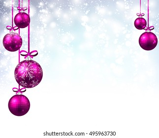New Year shining background with pink Christmas balls. Vector illustration.