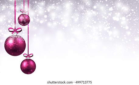 Año Nuevo brillando de fondo con bolas de Navidad rosadas. Ilustración vectorial.