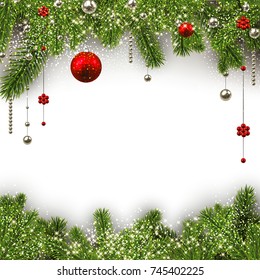New Year shining background with spruce branches and Christmas balls. Vector illustration.