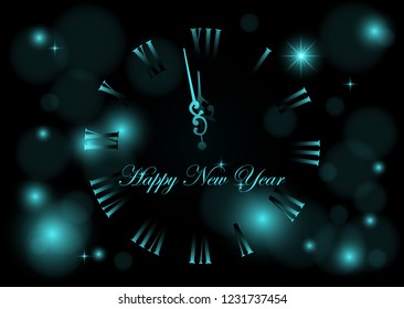 New Year shining banner with clock on dark background. Vector illustration.