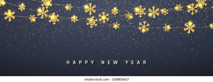 New Year shining glitter glowing golden snowflake decoration garland on dark background. Hanging glitter snowflake. Vector illustration.