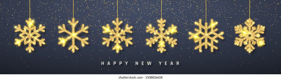 New Year shining glitter glowing golden snowflake decoration garland on dark background. Hanging glitter snowflake. Vector illustration.