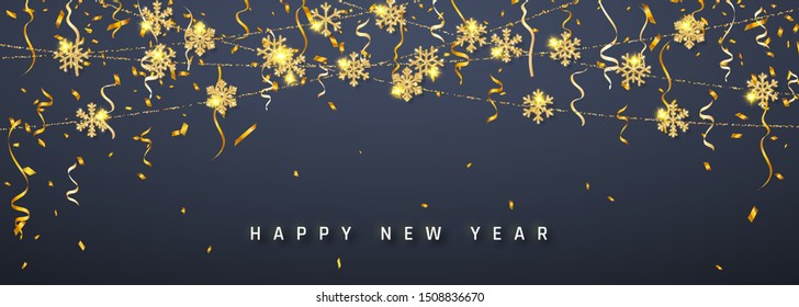 New Year shining glitter glowing golden snowflake decoration garland on dark background. Hanging glitter snowflake. Vector illustration.