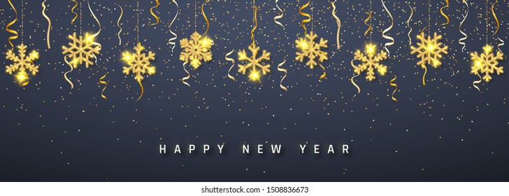 New Year shining glitter glowing golden snowflake decoration garland on dark background. Hanging glitter snowflake. Vector illustration.