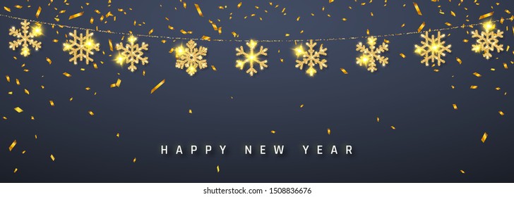 New Year shining glitter glowing golden snowflake decoration garland on dark background. Hanging glitter snowflake. Vector illustration.