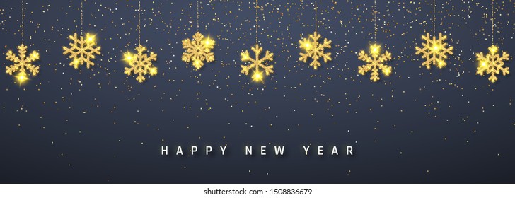 New Year shining glitter glowing golden snowflake decoration garland on dark background. Hanging glitter snowflake. Vector illustration.