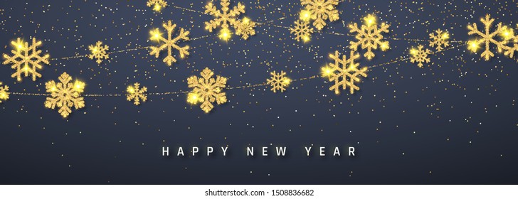 New Year shining glitter glowing golden snowflake decoration garland on dark background. Hanging glitter snowflake. Vector illustration.