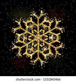 New Year shining glitter glowing golden snowflake on dark background.