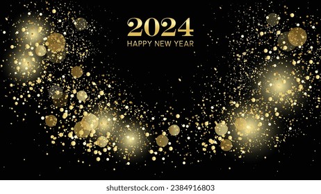 New Year shiny color gold design element. Card or banner to wish a happy new year with stars and circles in gold color. Gold christmas or celebration background. 2024. Gold and black