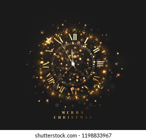 New Year shiny gold clock, five minutes to midnight. Merry Christmas. Xmas holiday. Glowing background with bright lights and sparkle bokeh