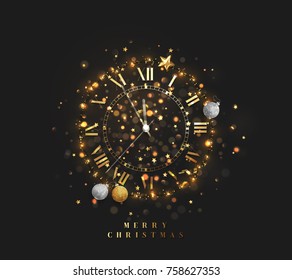 New Year shiny gold clock, five minutes to midnight. Merry Christmas. Xmas holiday. Glowing background with bright lights and sparkle bokeh