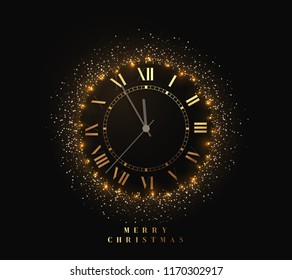 New Year shiny gold watch, five minutes to midnight. Merry Christmas. Xmas holiday. Glowing background with bright lights and white sparkles. Design vector illustration