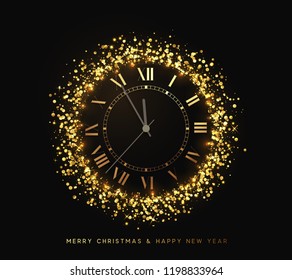 New Year shiny gold watch, five minutes to midnight. Merry Christmas. Xmas holiday. Glowing background with bright lights and golden sparkles. Design vector illustration