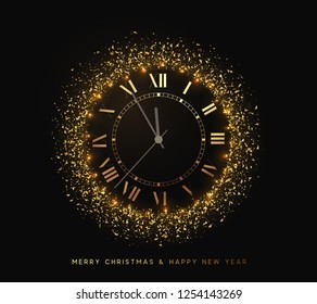 New Year shiny gold watch, five minutes to midnight. Merry Christmas. Xmas holiday. Glowing background with bright lights and golden sparkles